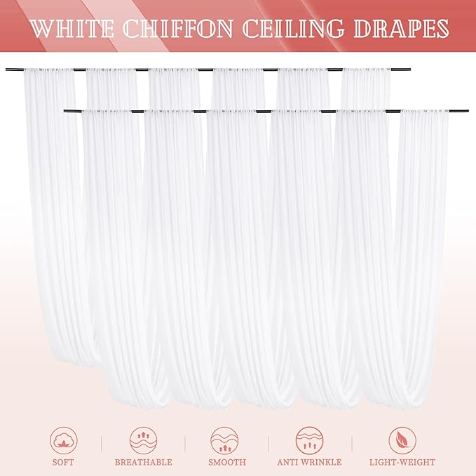 10 Panels White Ceiling Drapes for Wedding 5ftx10ft Sheer Drapery Chiffon Fabric Arch Draping Curtains for Party Ceremony Birthday Baby Shower Reception Stage Ceiling Decorations