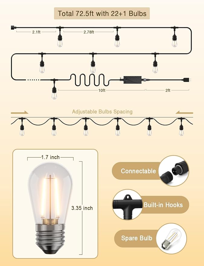 String Lights 72.5 Ft Outdoor Smart Dimmable S14 Edison Bulbs