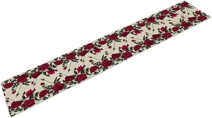 Rose Table Runner, Retro Red Rose Flowers Green Leaves Valentine's Day Kitchen Dinning Table Runner for Indoor Outdoor Home Wedding Party Holiday, 13x108 Inch