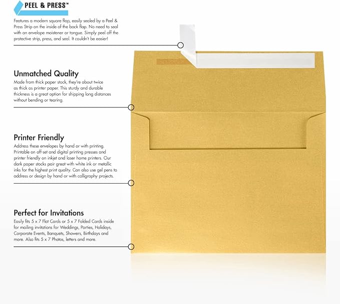 LUXPaper A7 Invitation Envelopes | Peel & Press | 5 1/4" x 7 1/4" | Gold Metallic | 80lb. Text | 50 Qty
