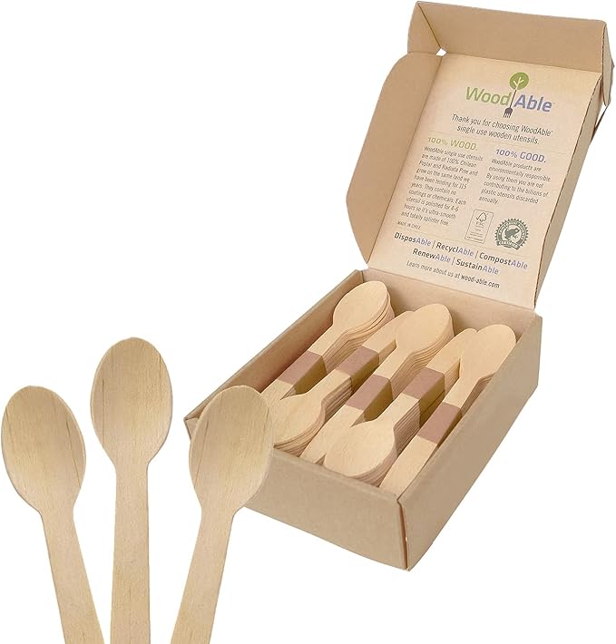 Wooden Spoons, 100 Count, Disposable, Plastic-Free, FSC Certified