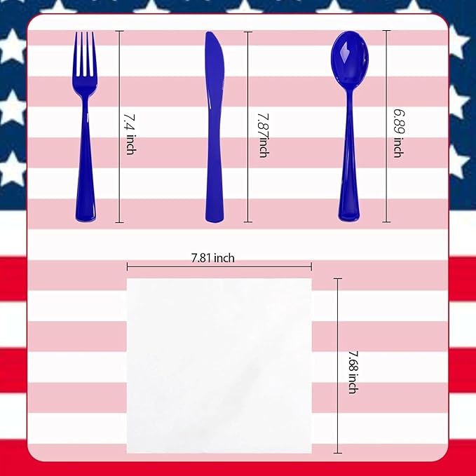 Disposable Blue Plastic Silverware Set with Napkins, 100 Pack