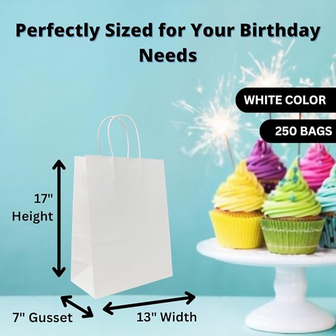White Paper Gift Bags, 250 Count, 13x7x17 Inches, 74 lb Strength