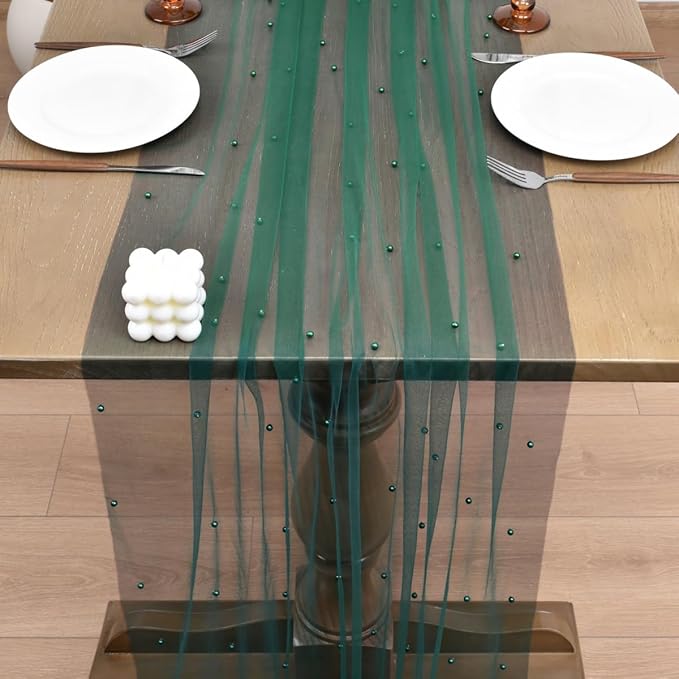 Joanlody Fall Pearl Table Runner 10ft Rustic Boho Tulle Table Runner with Pearls for Baby Shower Wedding Party Veil Dessert Thanksgiving Table Decor Emerald Green