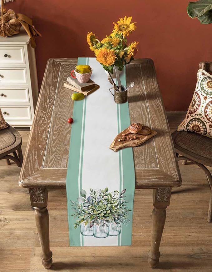 Eucalyptus Cotton Linen Table Runner for Dining Kitchen, Wedding Outdoor Party Tablerunners Decoration, Green Leaves Botanical Plants Watercolor Dresser Scarf Coffee Tablecloth Runners 13x90 Inches