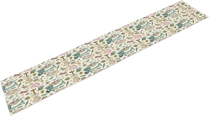 Sewing Theme Table Runner,Vintage Sewing Machine Tool Watercolor Pattern Print Tablecloth Burlap for Hotel Indoors Outdoor Dining Room Kitchen Home Decor,W13X L80 in