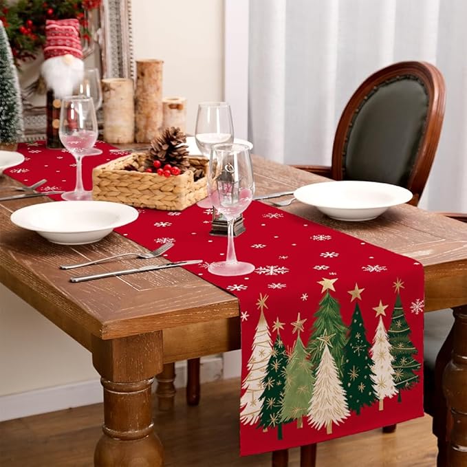 GEEORY Christmas Table Runner 13x36 Inch, Xmas Trees Snowflakes Holiday Decorative Farmhouse Table Decoration for Kitchen Dinning, Indoor Outdoor Dinner Party Decor (Red) GT150-36