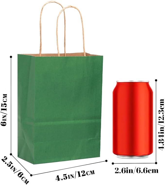 qiqee 24 Pcs Deep Green Mini Paper Gift Bags with Handles 6"x4.5"x2.5" Small Brown Kraft Party Favor Bags Treat Bags Multiple Uses (Mini size)