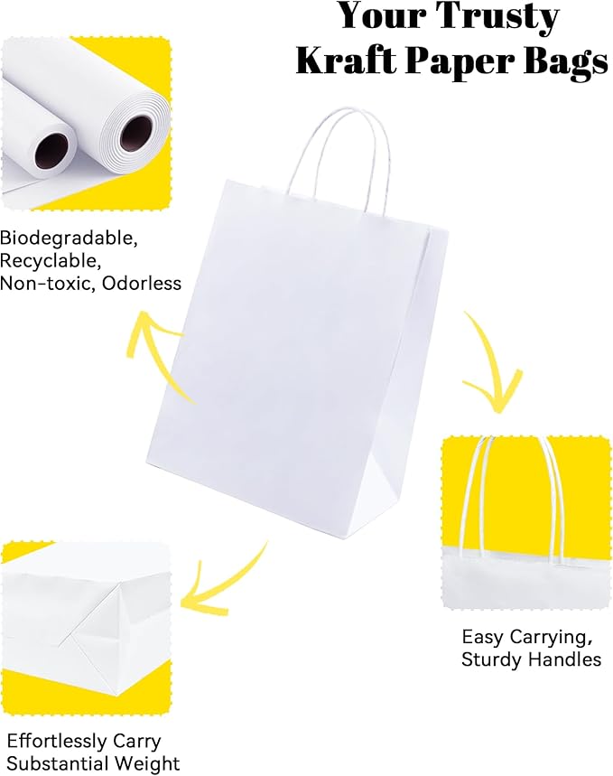 Gift Bags with Handles, 100 Count White Kraft Paper, Medium Size