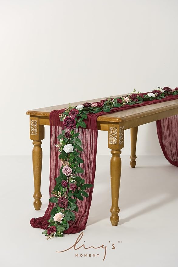 Ling's moment 5FT Burgundy Artificial Flower Garland Dusty Rose Leaves Floral Garland Arch Flowers Vine for Wedding Party Backdrop Decor Mantel Home Table Centerpieces Wall Decorations
