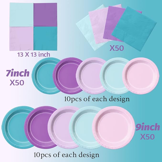 Party Pack Mermaid Paper Plates and Napkins, 150 Pieces in Pink Blue Purple