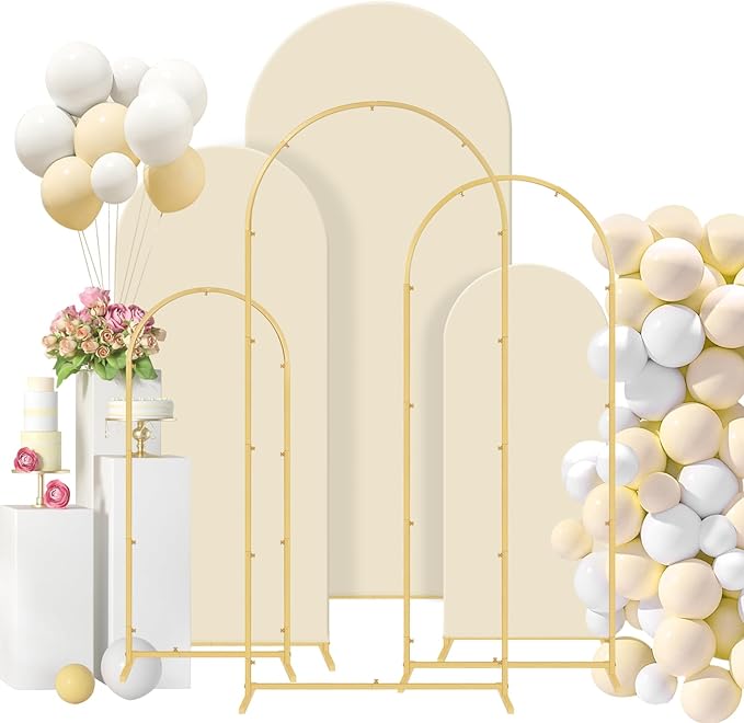 Metal Wedding Arch Backdrop Stand Set of 3 in Beige with Gold Finish