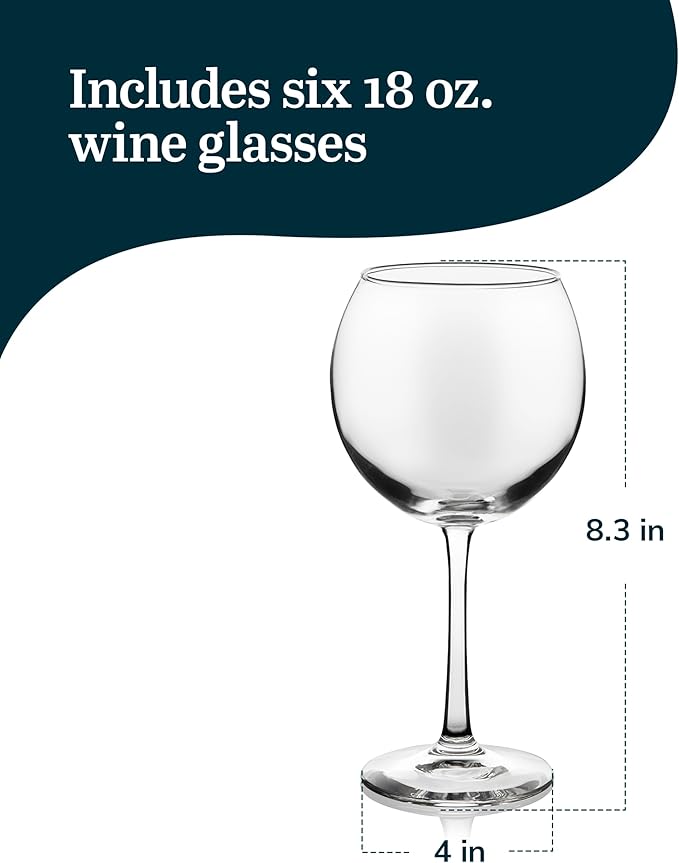 Red Wine Glasses Set of 6, 18.25 Oz Clear Glass Balloon Bowl