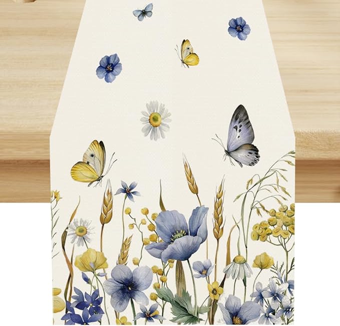 Floral Table Runner, Spring Watercolor Flower Plants Nature Butterfly Table Runner for Kitchen Dinner Living Room Home Party, 13x70 Inch