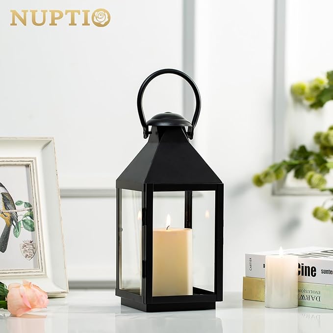 Black Metal Decorative Candle Lantern with Hanging Ring and Flat Base