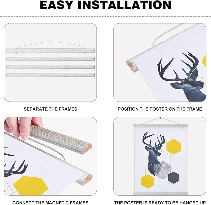 Magnetic Poster Hanger, 8x10 8x20 8x11 Poster Frame Wood Wooden Magnet Print Posters Dowel Scroll Hanger Hangers Hanging Kit for Walls Map Canvas Artwork (Grey, 8")