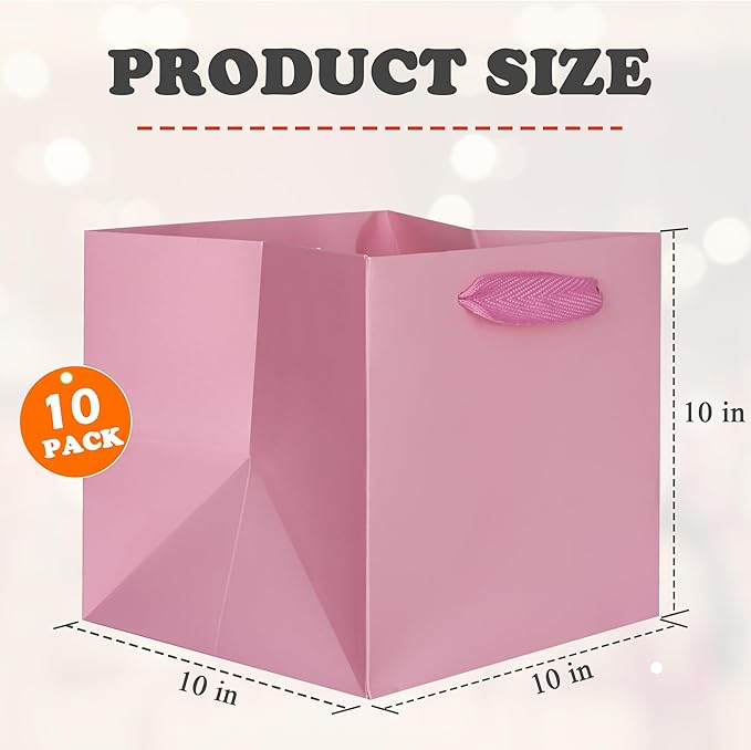 Gift Bags - Pink Square Bottom Paper Bags with Handles, 10 Pack, 10 x 10 Inch