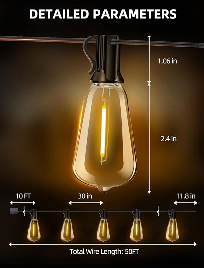 String Lights 50 Ft Outdoor Patio Edison Bulbs with Remote