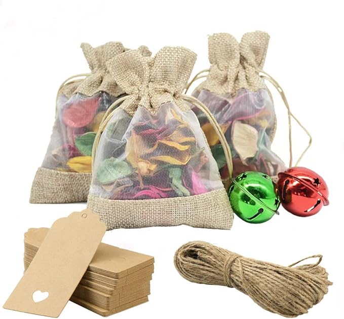 Gift Bags, 50 Count, 4 x 6 Inch Burlap and Organza Drawstring Pouches