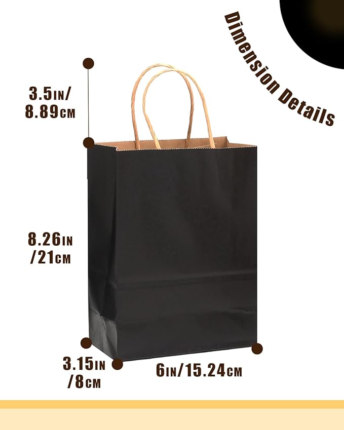 qiqee 50-Packs Black Paper Gift Bags with Handles Bulk 8.3"x3"x 6" Small Size Paper Bags Multiple Uses(Small Size)