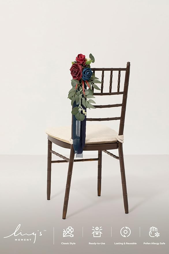 Artificial Flowers for Chairs, 8 Pack Burgundy and Navy Wedding Pew Decor