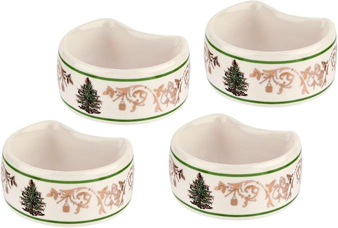 Napkin Rings, Set of 4 Porcelain Christmas Tree Design with Gold Accents