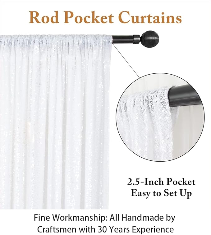 Backdrop Curtain 10x10 ft, White Sequin Mesh with Rod Pocket