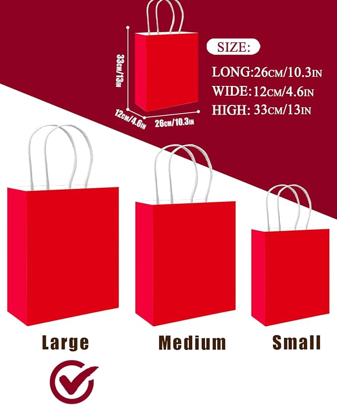 Gift Bags 100 Pack Red Paper Bags with Handles 13 x 10.3 Inch