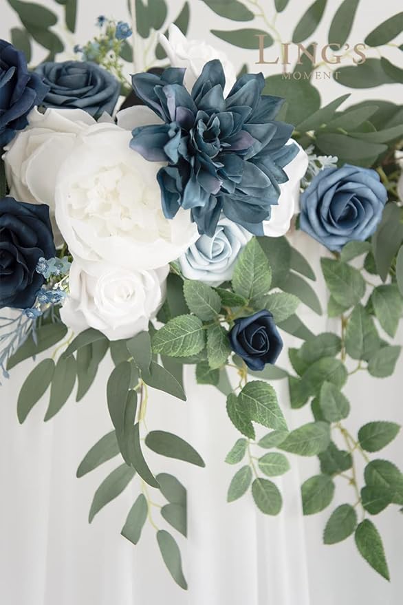 Artificial Flowers Garland, Dusty Blue and Navy Silk, 78 Inch Arch Swag