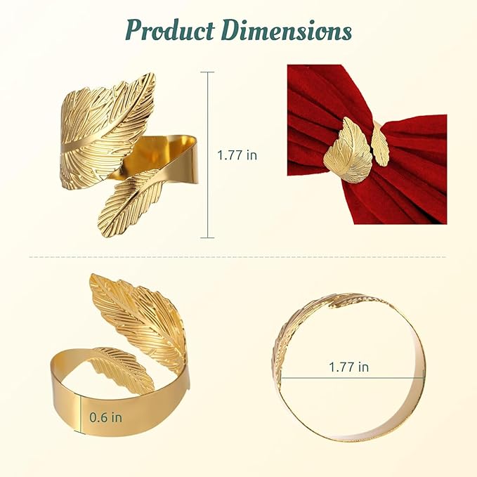Gold Leaf Napkin Rings, 50 Pack Metal Holders, 1.77 Inch Diameter