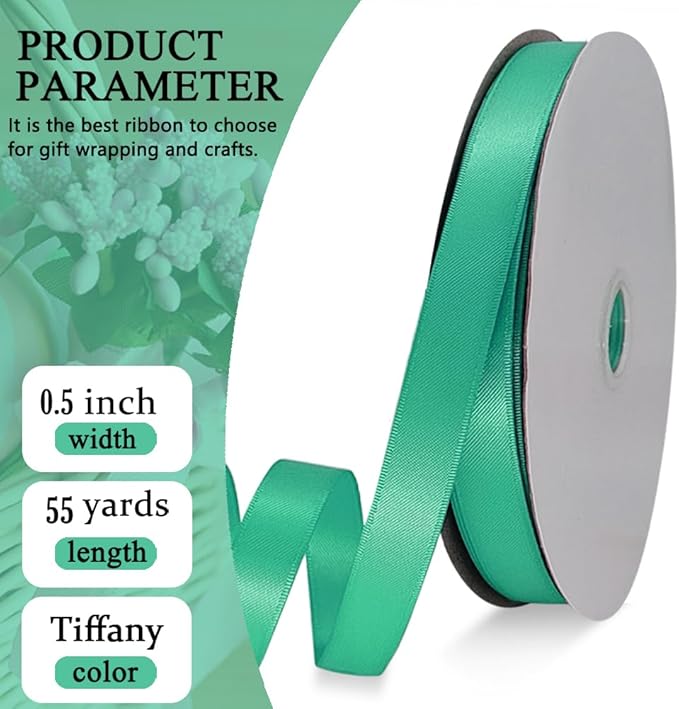 Aqua Satin Ribbon Double Faced Satin 1/2 inch x 55 Yards Polyester Ribbon for Gift Wrapping Crafts Wedding Decoration Bows Ornaments Party Bouquet Floral Arrangement