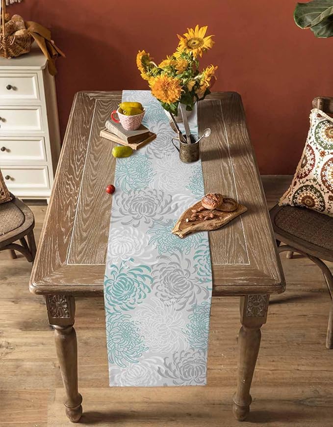 Auqa Chrysanthemum Cotton Linen Table Runner for Dining Kitchen, Wedding Outdoor Party Tablerunners Decoration, Farmhouse Floral Botanical Leaves Dresser Scarf Coffee Tablecloth Runners 13x72 Inches