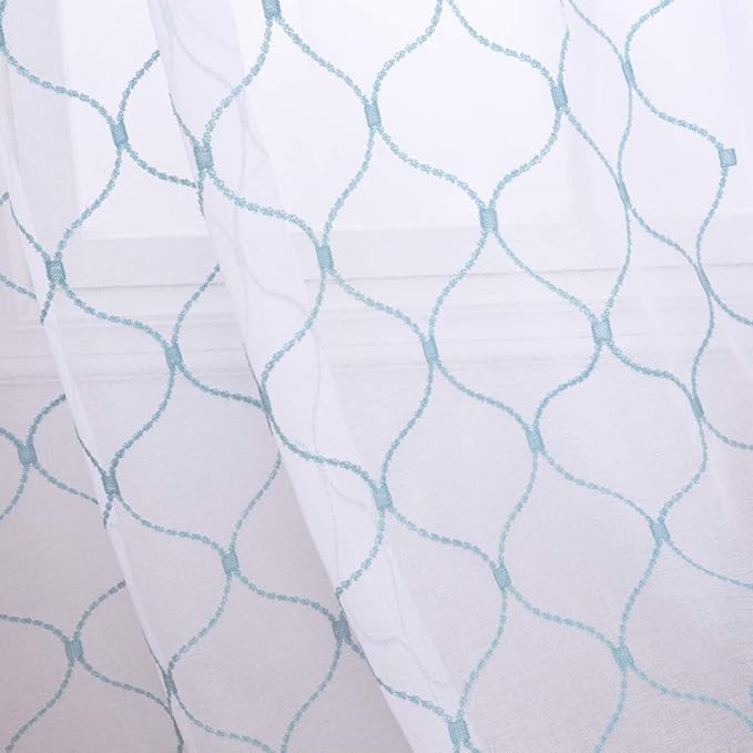 Embroidery Sheer Curtains Blue 95 Inches Long, Window Treatments Rod Pocket Drapes for Living room, Bedroom, Wave Diamond Crinkle Voile Curtain Panels for Yard, Villa, Parlor, Set of 2, 52"x 95".