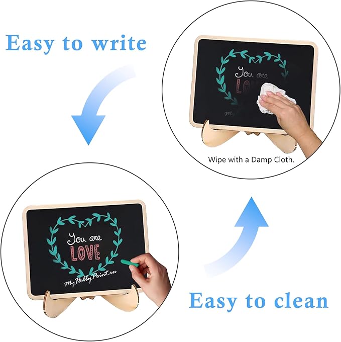 Vintage Wooden Mini Chalkboard Signs - Set of 6 | 4 x 3 Inch Tabletop Chalkboard Sign with Base Stands | Decorative Small Message Chalk Board Sign with 7 Liquid Chalk Markers