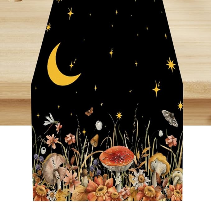 Mushroom Kitchen Table Runner, Gothic Moon Star Plants Witchy Moonlit Flower Butterfly Table Runner for Kitchen Party Living Room Drapes, 13x36 Inch Black