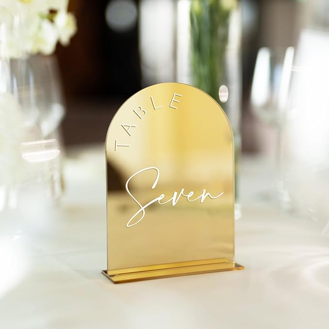 Table Number Signs 1-15, Gold Mirror Arch Acrylic with Stands