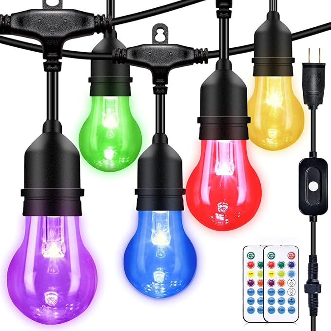 String Lights, 48 Ft Outdoor RGB LED with Remote and Shatterproof Bulbs