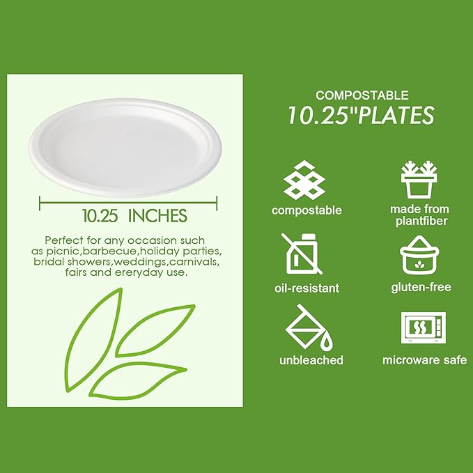 Disposable Paper Plates, 10.25 Inch Sugarcane Bagasse, 500 Count White