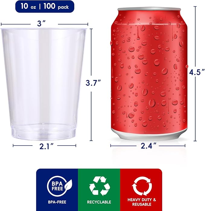 Disposable Plastic Cups, 10 oz Clear, 100 Count