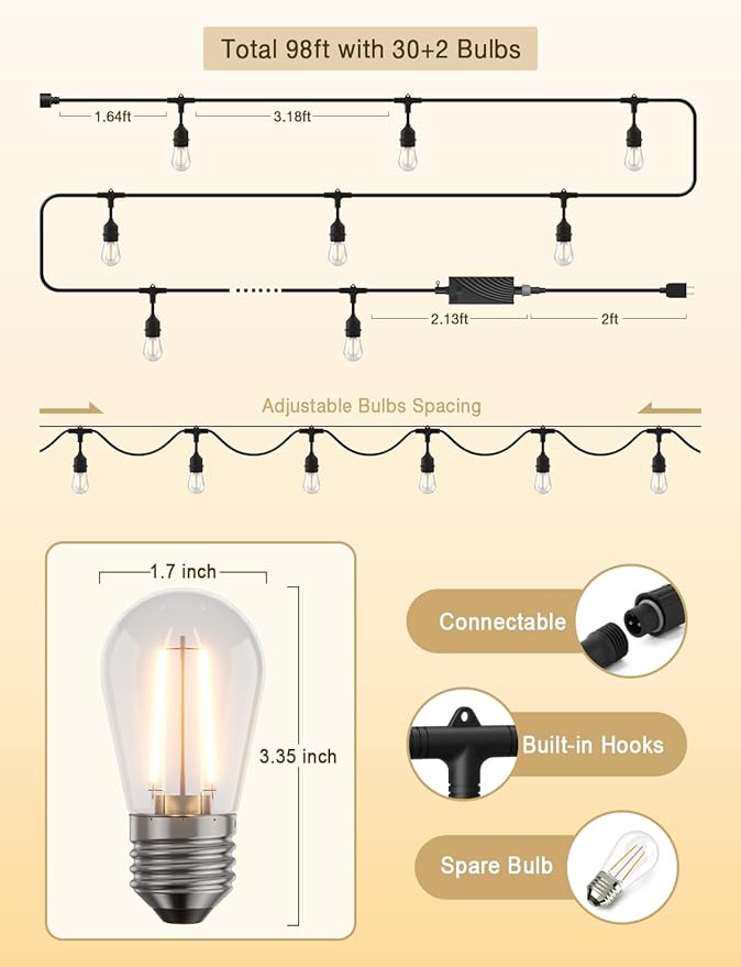 String Lights, Dimmable S14 Edison Bulbs, 2700K Warm White, IP65 Waterproof