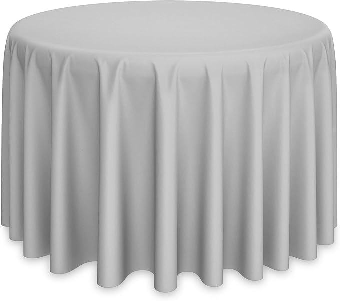 Tablecloths: 108-Inch Round Silver Polyester, Stain and Wrinkle Resistant