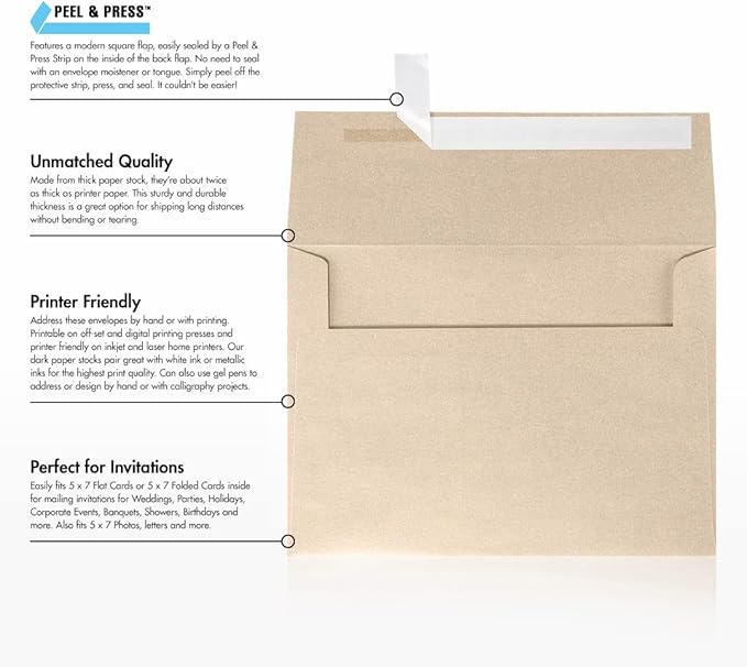 LUXPaper A7 Invitation Envelopes | Peel & Press | 5 1/4" x 7 1/4" | Taupe Metallic | 80lb. Text | 50 Qty