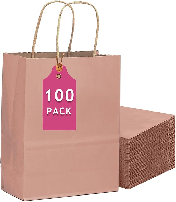 Gift Bags with Handles, 100 Pack Dusty Pink Kraft Paper Party Bags