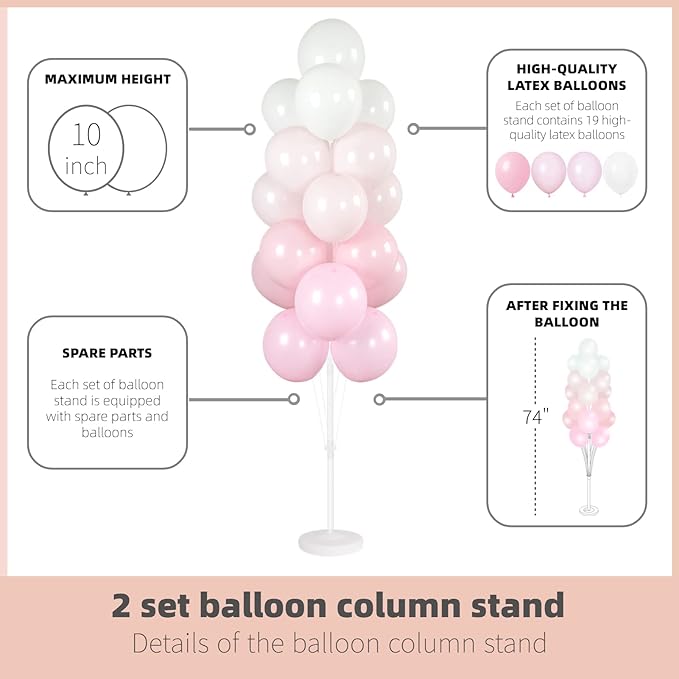 Balloon Column Stand Kit, 2 Stands with 38 Balloons, Pink and White