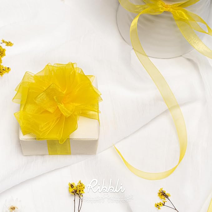 Ribbli Danffodil Yellow Organza Ribbon,1/2 Inches x Continuous 50 Yard, Yellow Sheer Ribbon for Gift Wrapping,Cookie Wrapping,Wedding Decoration,All Crafting and Sewing