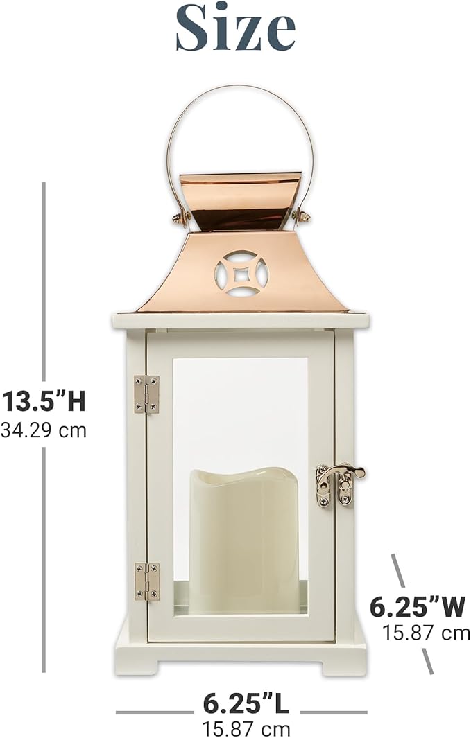 Decorative Candle Lantern, Wood and Stainless Steel, Copper Finish, 13.5 Inch