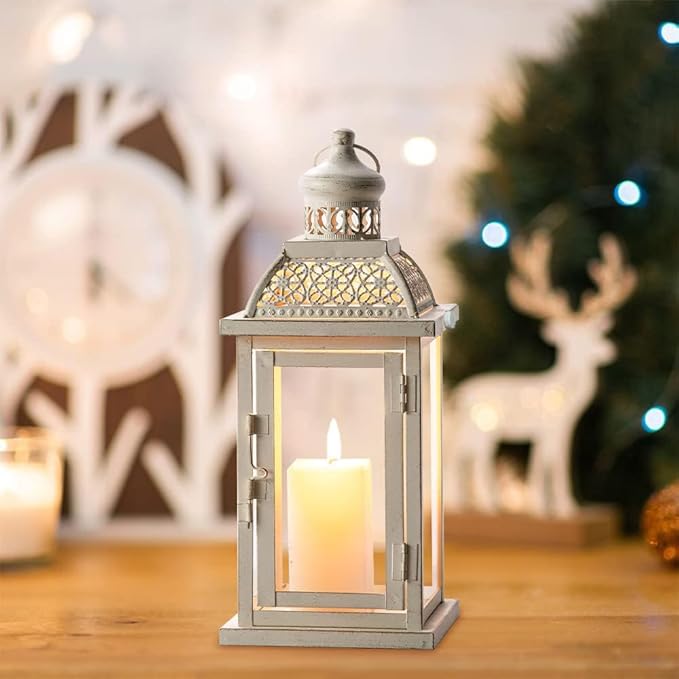 Decorative Candle Lantern, Beige Metal with Glass Panes, Indoor and Outdoor