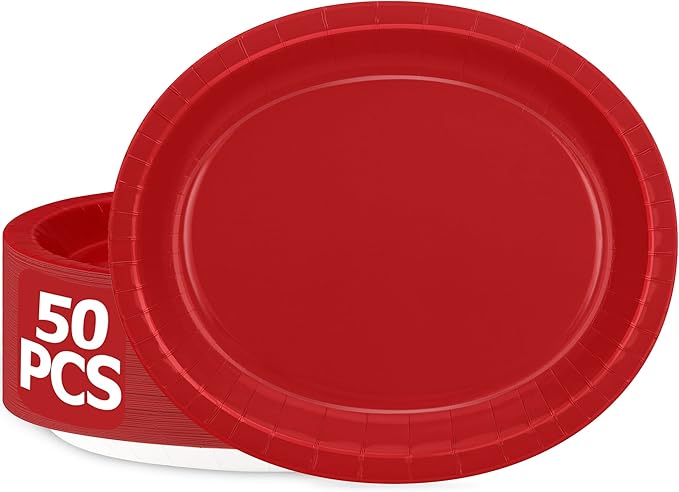 QZYL 50 Pcs Party Decorations, 12.2'' X 10.2'' Oval Large Paper Plates, Red Disposable Heavy Duty Paper Plates for Birthday Party, Wedding, Picnic, Barbecue, Holiday