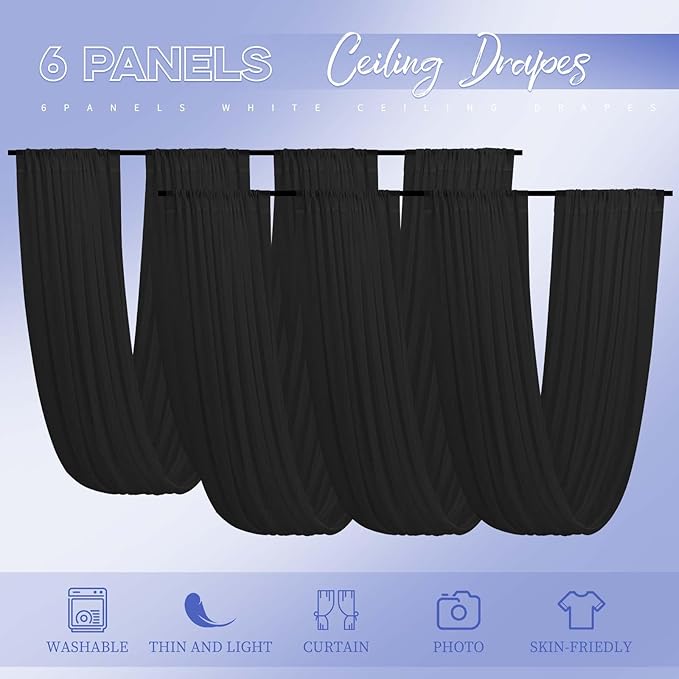 6 Panels Black Ceiling Drapes for Wedding 5ftx20ft Ceiling Drapes Wedding Arch Draping Fabric Cheesecloth Sheer Curtain Romantic Ceiling Decorations for Weddings Party Banquet Ceremony Stage