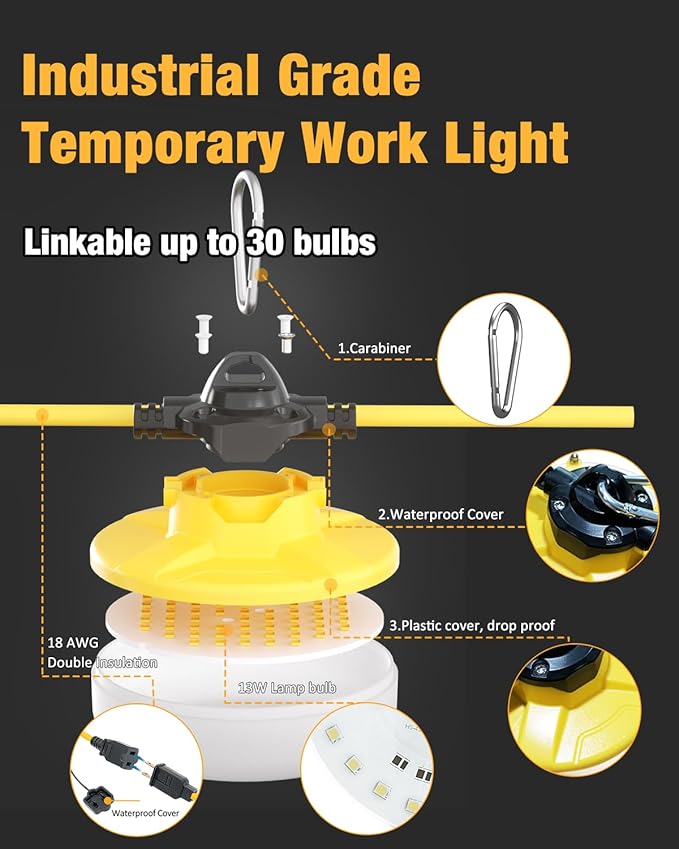 String Lights, 100 ft White LED Work Lights with 16,000 Lumens